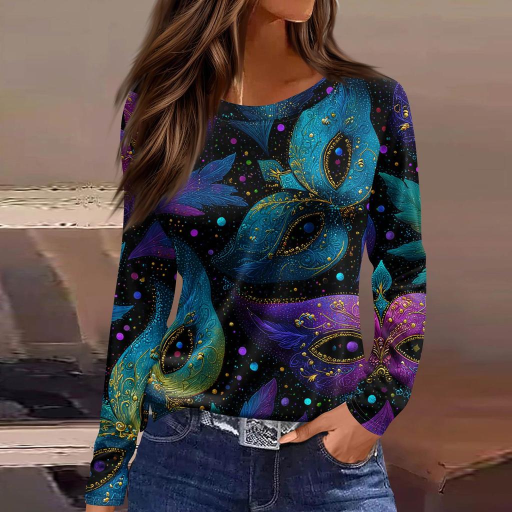 Women's Fashionable Casual  Neck Long Sleeve Hem Split Carnival Print T-Shirt Top