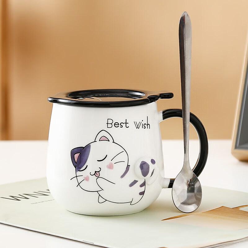 Japanese Style Ceramic Cat Mug with Lid & Spoon