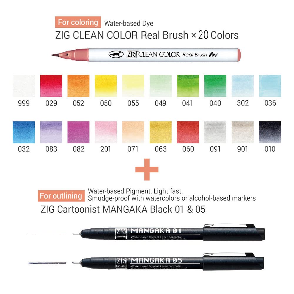 Kuretake RBCN160/22V ZIG Clean Color Real Brush and MANGAKA Pen Set with Small Pouch