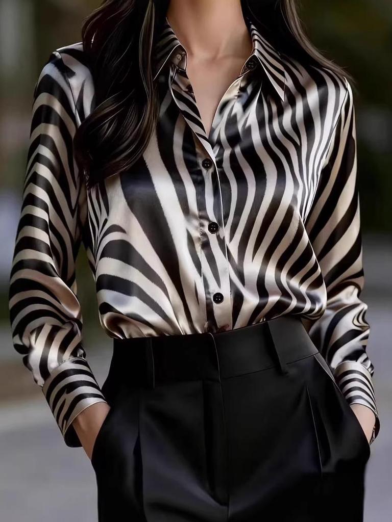 Повседневная свободная рубашка на пуговицах с принтом зебры для женщин, весна/осень 2026