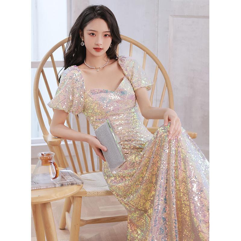 Fishtail evening dress women's 1011 new French sequins style light luxury niche host long summer party fairy