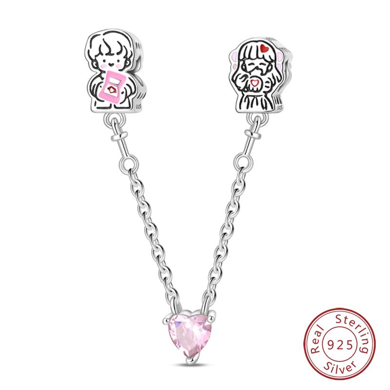 925 Silver Pink Love Series Charm Love Cube Little Bear Luminous Pendant Fit Original Bracelet Romantic Wedding Jewelry