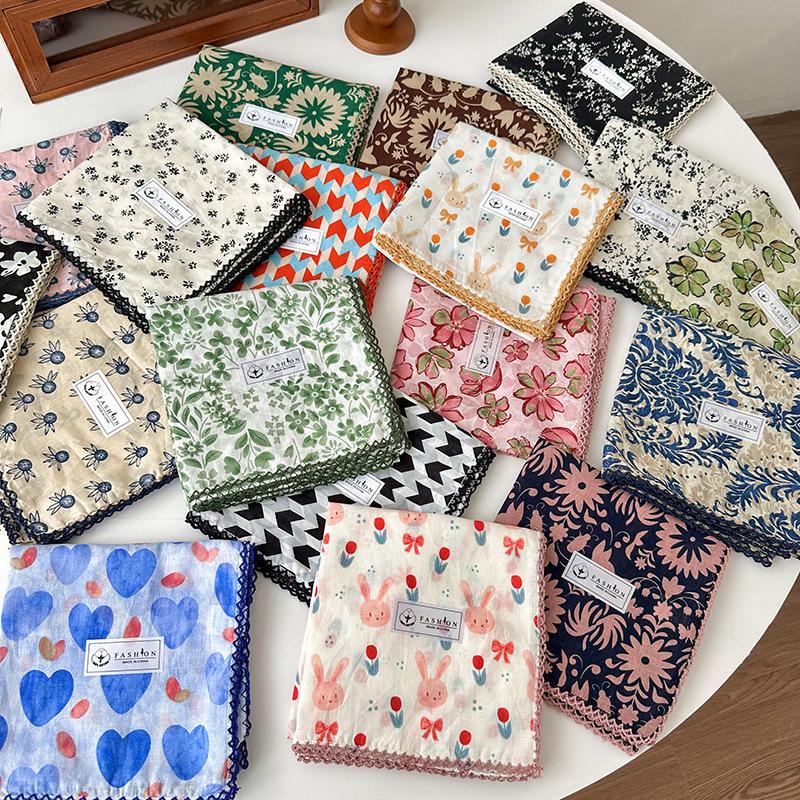 70% Cotton Linen Small Square Silk Scarf - Korean Style Floral Design for Versatile Neckwear and Decorative Use