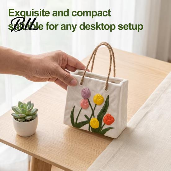 Dried Flower Display Vessel Handbag Shaped Ceramic Vase, Tulip Embossed Modern Large Tote Bag Home Decor Ornament Storage Box with Jute Rope