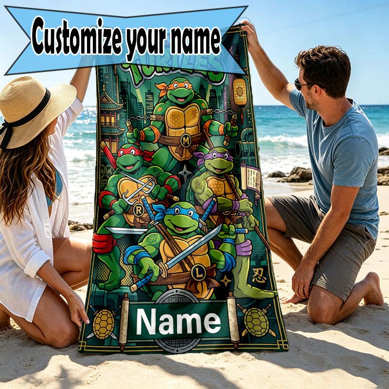 Custom Name Personalized Teenage Ninja Turtles Print Beach Towel, for Trip Camping Beach Party Home Decor, Birthday Gift for Family & Friends