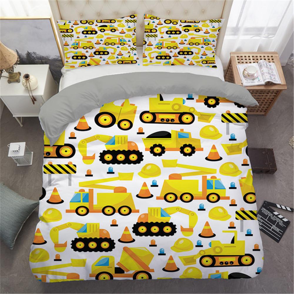 Comforter 2/3Pcs Simple Cartoons Car Bedding Set High Quality Child Excavator Crane Twin Single Full Queen King Size