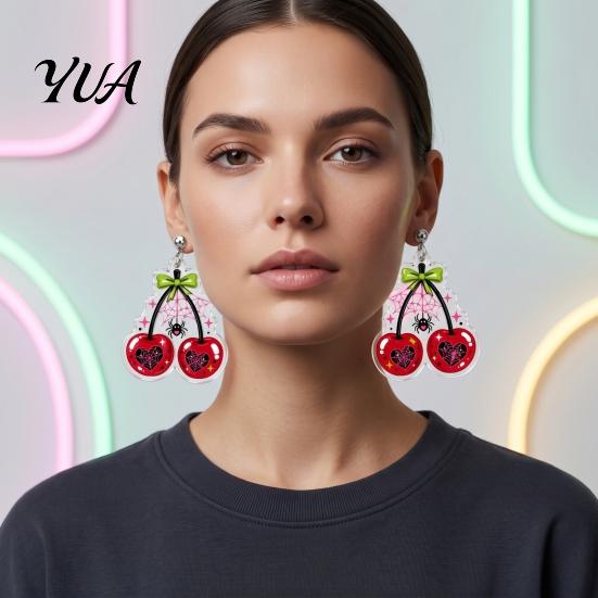 Halloween Party Jewelry 1 Pair Acrylic Cherry Earrings for Women, 2D Fruit Dangle Drop Creative Spider with Web And Bow, Punk Versatile Daily