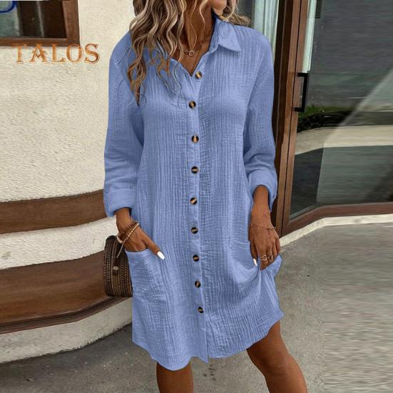 Платье женское осень-весна с отложным воротником, свободные длинные рукава, однобортное, однотонное, рубашечного типа, OL, миди-платье для поездок на работу