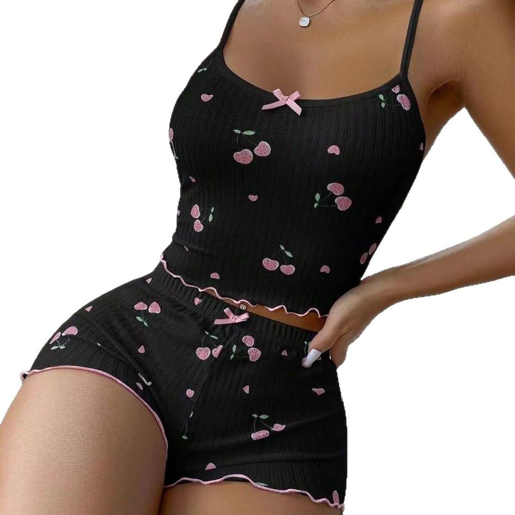 Women's Summer Cherry Print Milk Silk Camisole Sleepwear with Bowknot