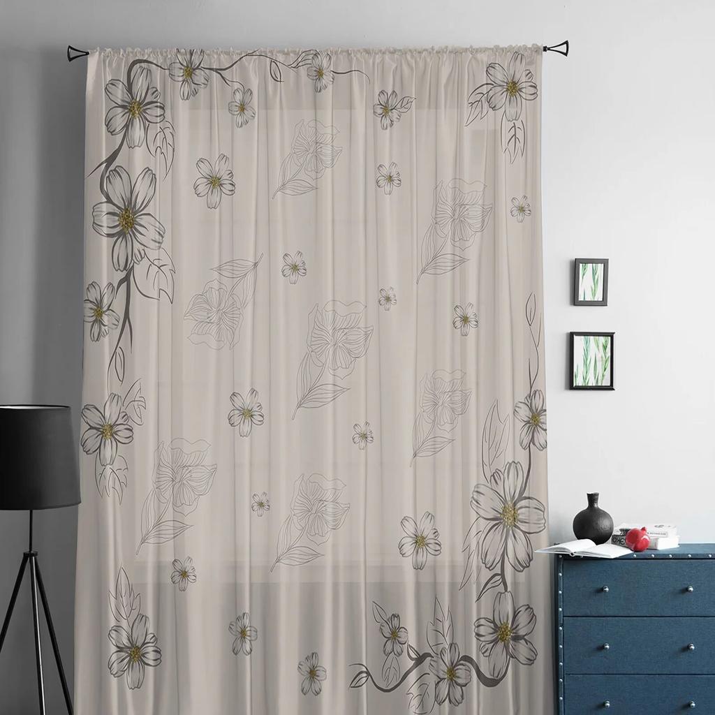 Цветочная линия листьев, прозрачная занавеска с ручным рисунком для спальни, тюль-вуаль, занавеска для кухни, декора гостиной, обработка окна