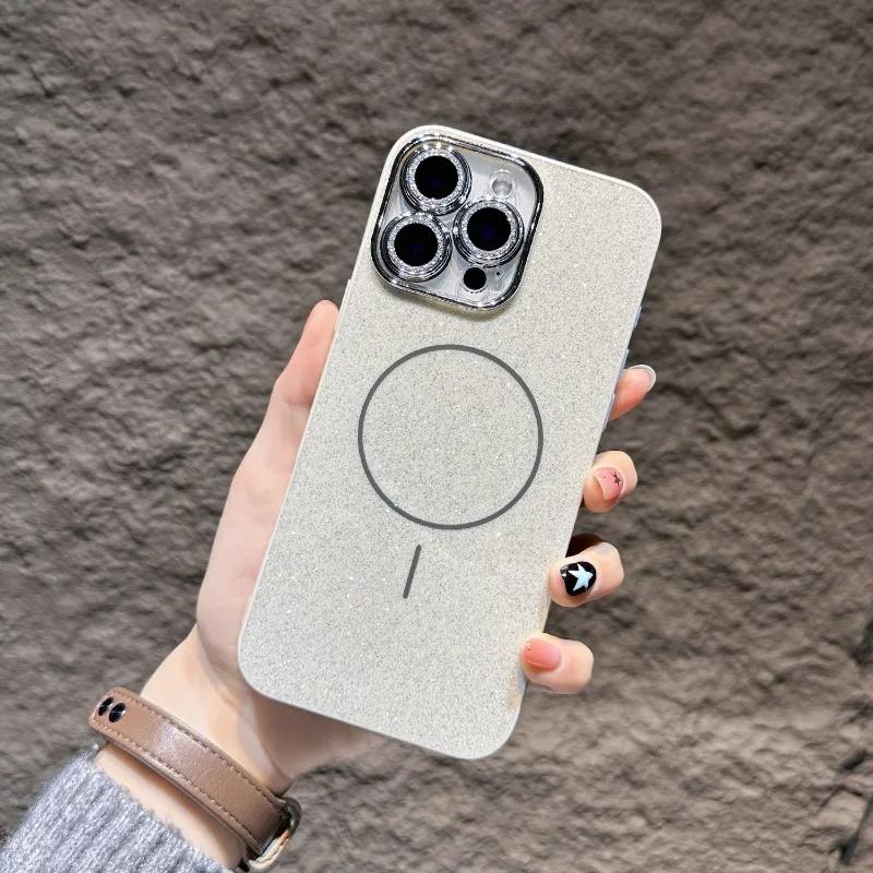 Glitter Glass Camera Protector Phone Case for iPhone 15 14 16 Plus 11 12 13 16 Pro Max Shining Magnetic Shockproof Cover