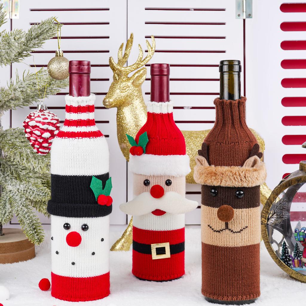 Christmas Wine Bottle Cover Knitted Santa Snowman Champagne Bottle Set Holiday Party Table Decor 2 Pack