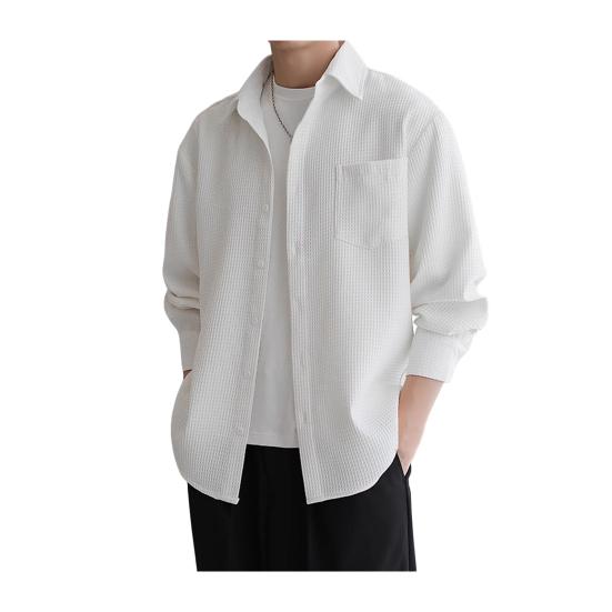 Мужская вафельная рубашка на пуговицах с длинным рукавом, повседневная свободная футболка с нагрудным карманом, мужская осенняя деловая рубашка