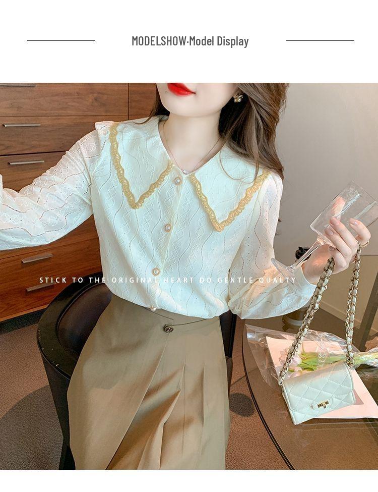 Женская шифоновая блузка с воротником Питер Пэн на весну и осень 2025 года - Новая модная кружевная рубашка