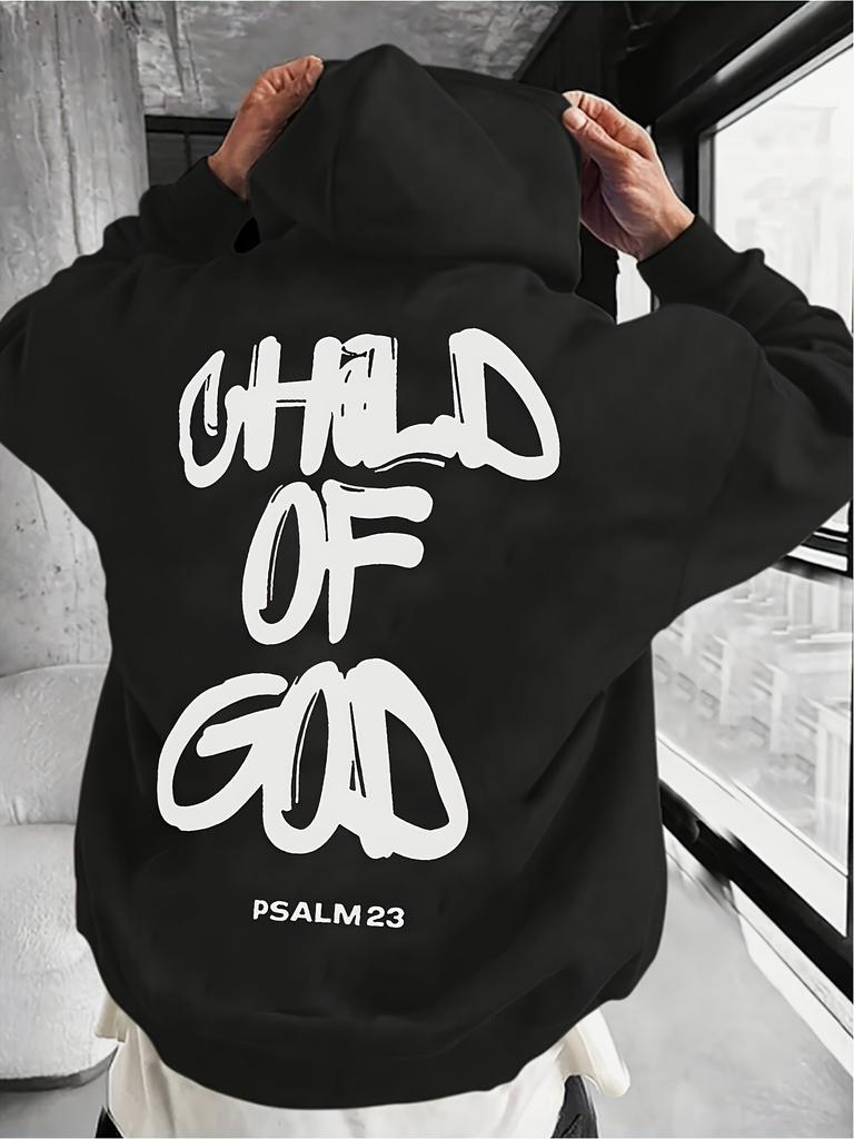 One men's "Son of God" hooded sweatshirt with religious letter print, featuring a kangaroo pocket, loose fit, street style, breath
