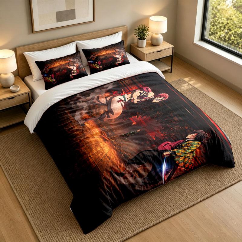 3Pcs Bedding SetDemon Slayer Soft Bed Sheet and Two Pillowcases Home Bedroom Decor