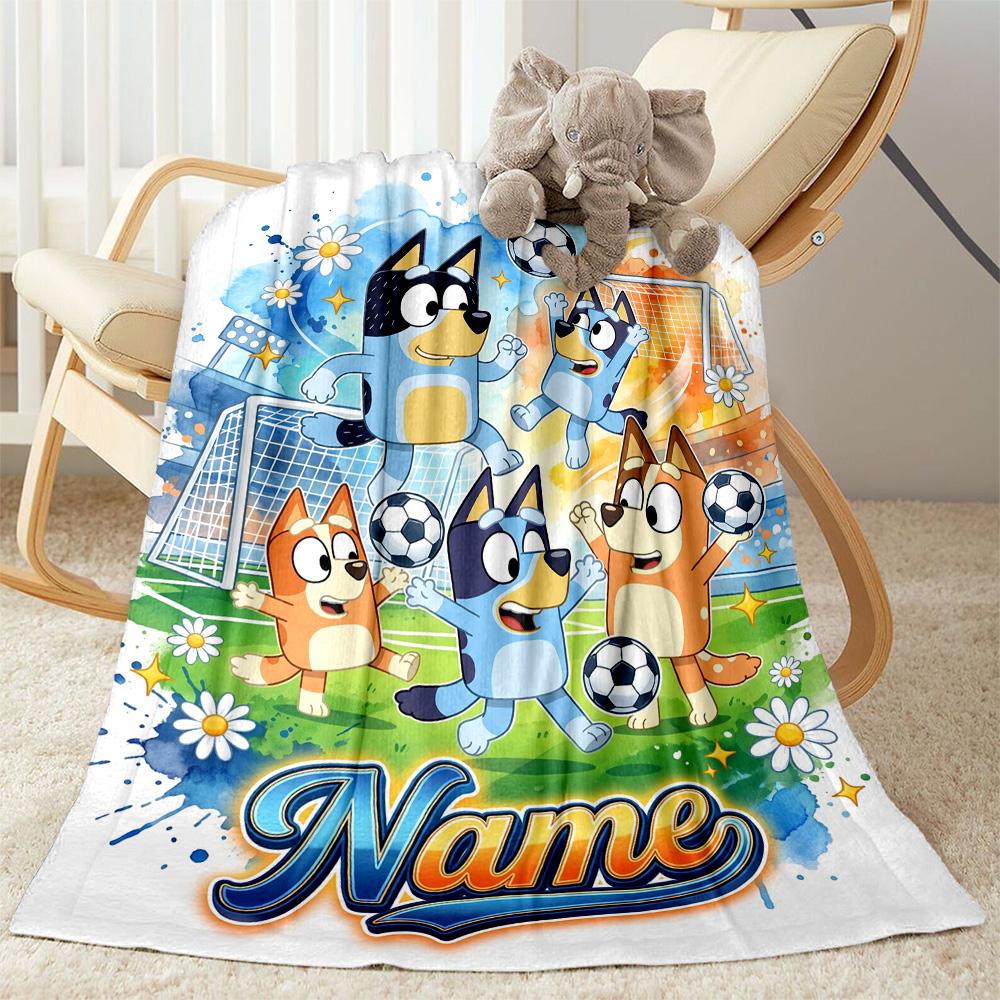 Bluey's Soccer Adventure Customize Your Name Blanket Multi-purpose Personalized Blanket Comfortable Suitable for Sofa Seaside Couch Living Room