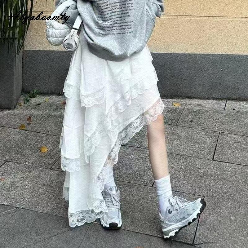 Корейский стиль Женская уличная одежда Нестандартная юбка Эластичный пояс Белая Черная многослойная юбка с оборками Стильные женственные женские юбки для женщин