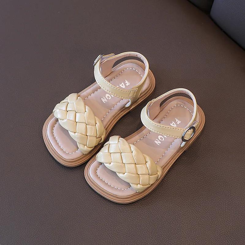 New Girls' Sandals Kids Beach Shoes Weave Style Fashion Woven Children's Sandals Soft Sole Open Toe Princess Shoes 2024 Summer