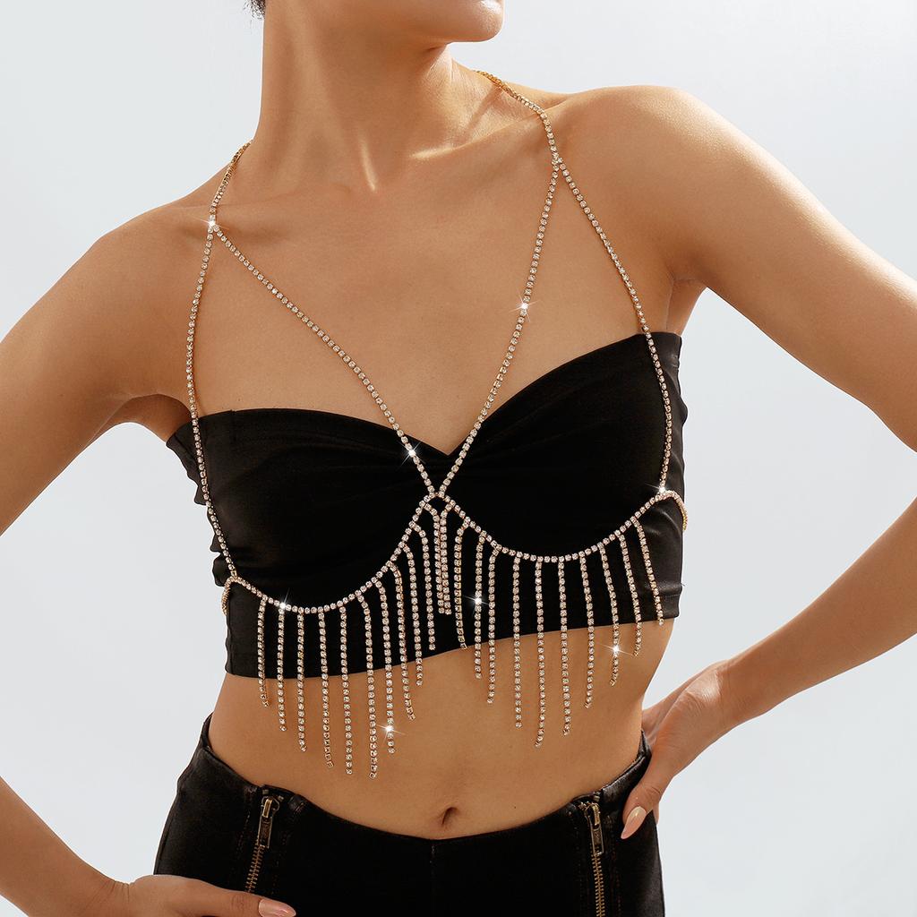 Exaggerated Beach Bikini Sexy Body Chain Fashionable Metal Tassel Diamond Temperament Chest Chain