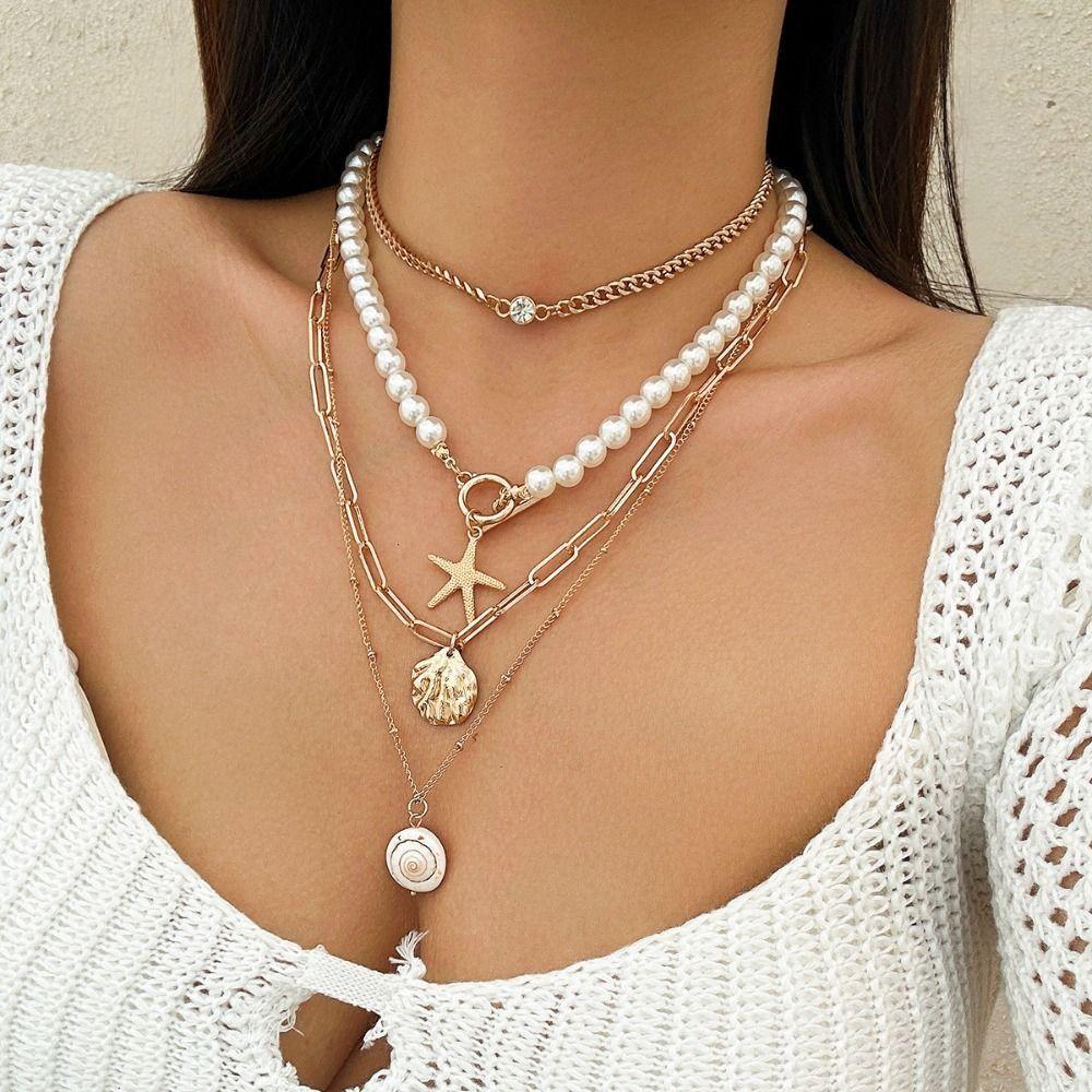 Pendant Conch Clavicle Chain Pearl Starfish Choker Vintage Shell Multilayer Necklace  Women