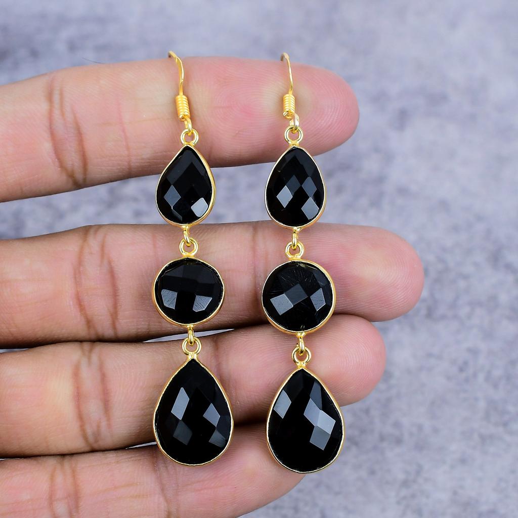 Black Spinel Gemstone Handmade 925 Sterling Silver Jewelry Earring 2.99" M-2649