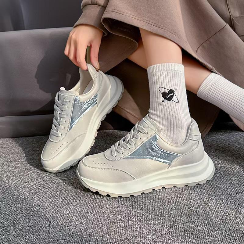 The First Layer of Cowhide Dad Shoes Women's Spring New Sports and Leisure Shoes Versatile and Lightweight White Shoes