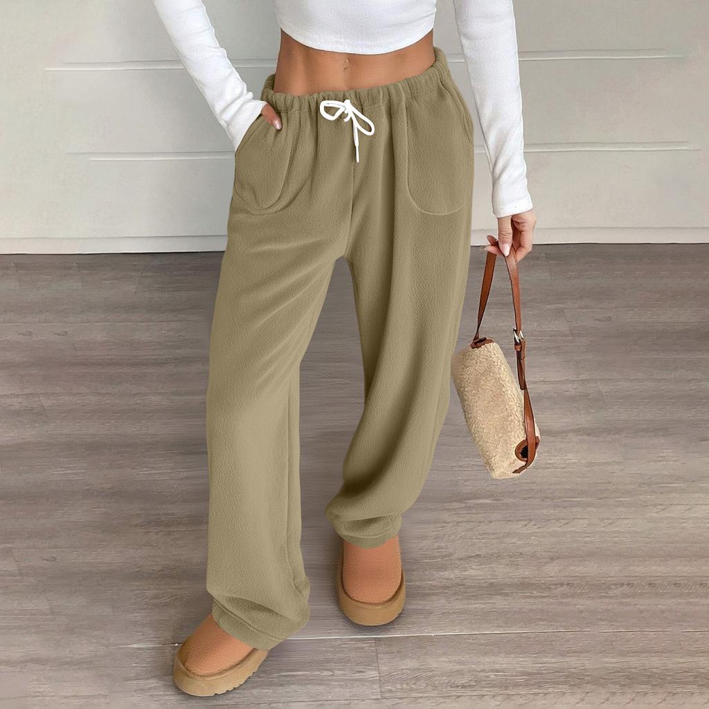 Женские пижамные штаны, плюшевые пижамные штаны, мягкая эластичная талия, пижамные штаны, однотонные штаны с 2 карманами