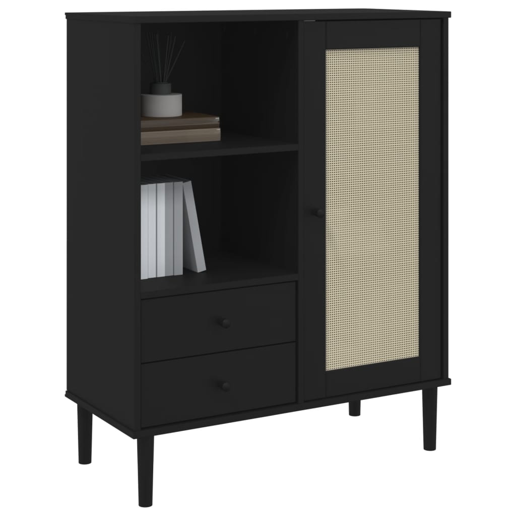 Highboard SENJA Rattan Style Black 90x40x112 cm Pine Wood