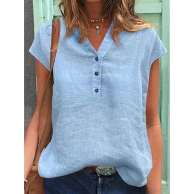 Летний новый повседневный топ с V-образным вырезом, короткими рукавами и пуговицами, однотонные женские блузки и рубашки из хлопка и льна в стиле ретро