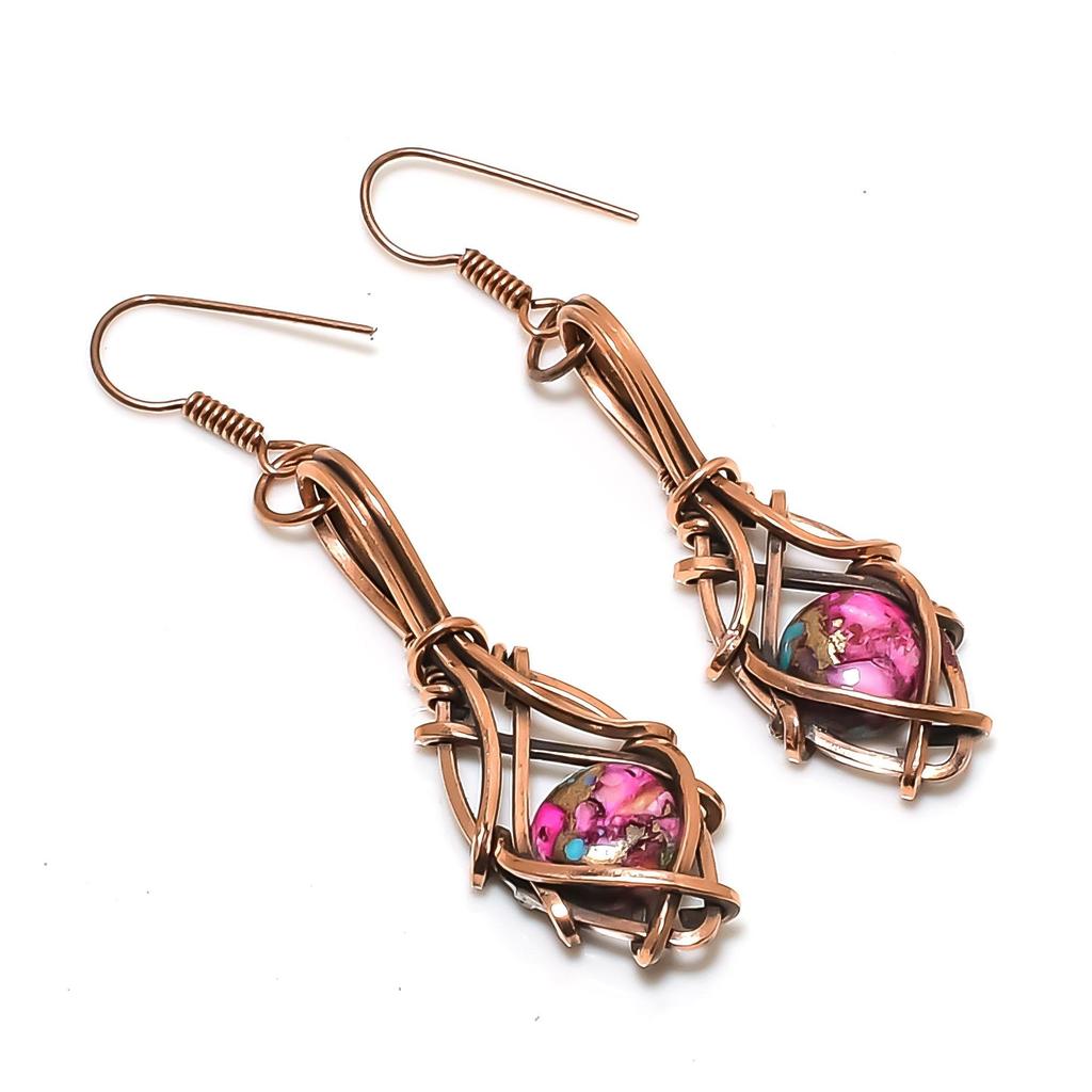 Pink Spiny Oyster 999 Copper Wire Wrapped Earrings, Handmade Gemstone Jewelry Earrings, For Memorial Day