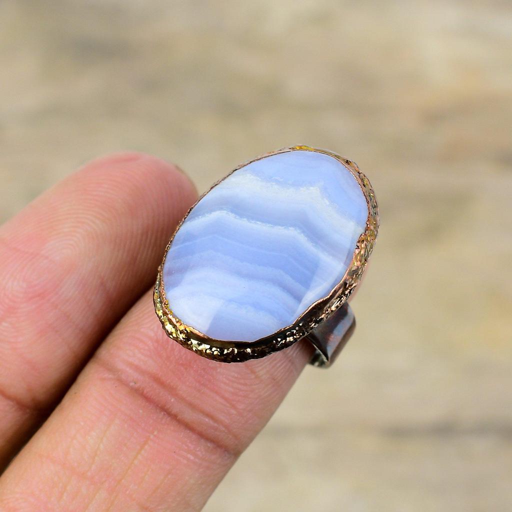 Кольцо с голубым кружевным агатом, гальванопластическое медное кольцо, регулируемые кольца, ювелирные изделия ручной работы, кольцо с драгоценным камнем, гальванопластическое медное ювелирное изделие, подарок на годовщину