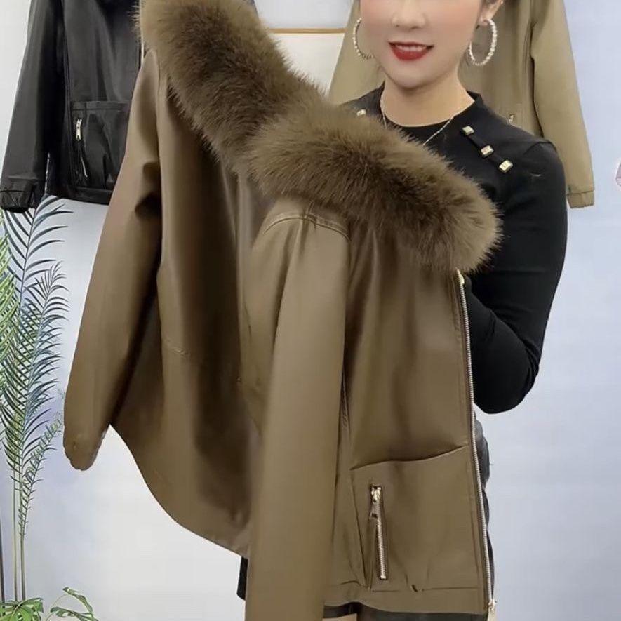 Large Fur Collar Plus Fleece Thick Leather Coat Women Autumn and Winter New Fashion All Match Warm Coat Women Leather Jackets