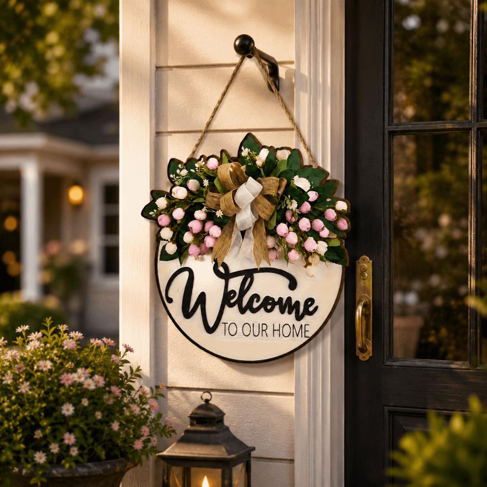 Flower Welcome Sign 2D Flat Wall Art Ornaments Door Wreath Home Decor