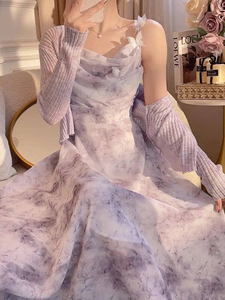 Новое летнее платье во французском стиле с цветочным принтом и бабочкой, нежное длинное платье с узкой талией и принтом