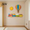 Educational Wall Art for Kids 4Pcs Cartoon Train Hot Air Balloon 3D Wooden Decor, Colorful Decor Room Wood Hanging, Nursery Ornament Bedroom Playroom