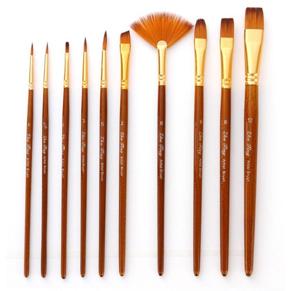 10Pcs/Set Nylon Bristles Watercolor Gouache Painting Pen Round Flat Angle Drawing Art Brush  Gouache