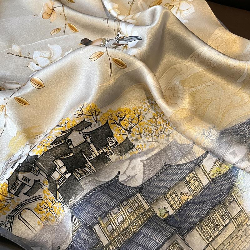 New ink and wash ancient town mulberry silk silk scarf women's silk scarf Hangzhou silk 71 square scarf for mothers and elders