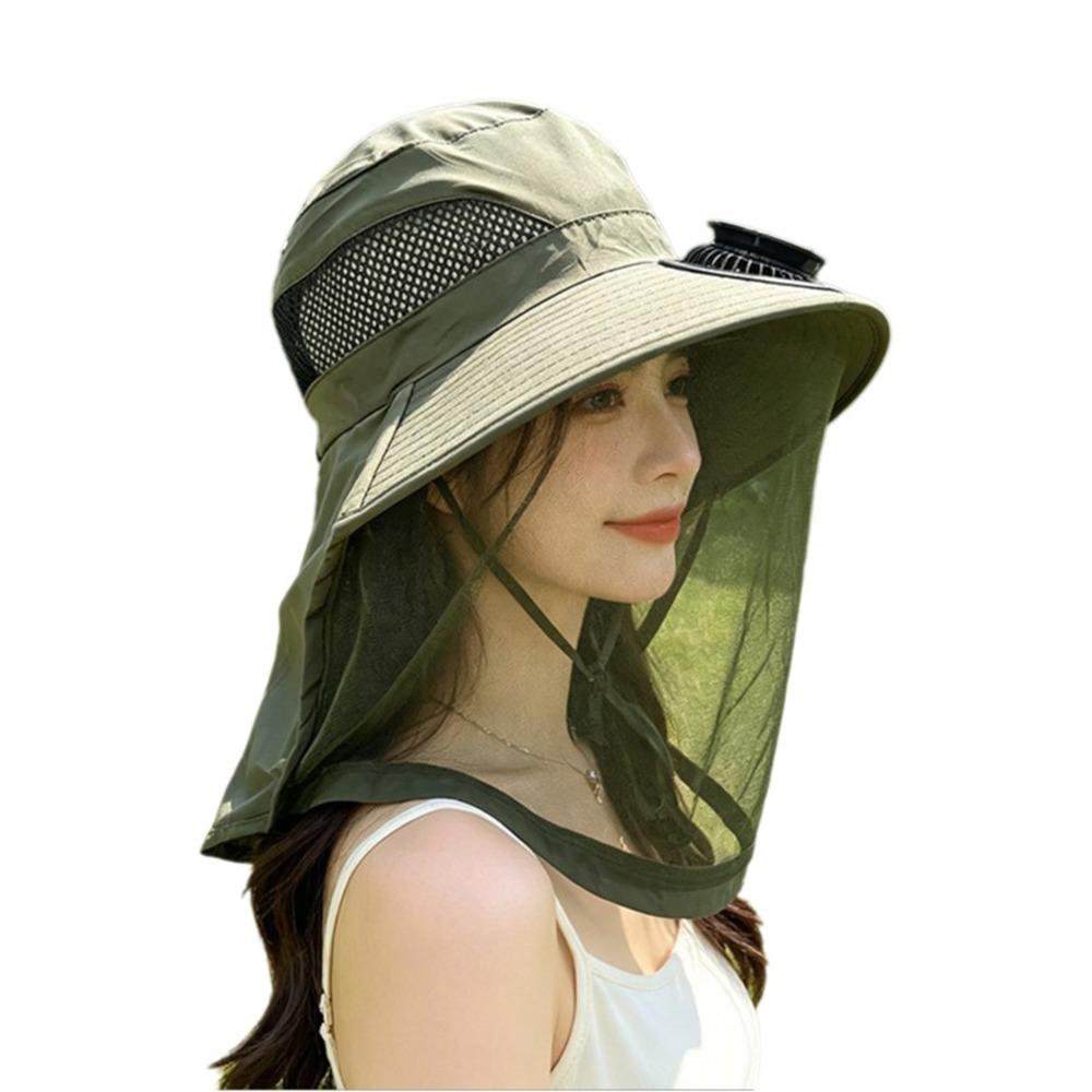 Convenient With Net Mesh Mosquito Head Net Hat Foldable Breathable Solar Fan Hat Cooling Quick-Drying Fishing Bucket Hat Hiking