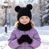 Зимний набор для малышей: шапка, шарф, перчатки. Теплый вязаный комплект для детей, шапка с ушками медвежонка, утепленный флисом воротник-бафф и милые перчатки с закрытыми пальцами для малышей, для холодной погоды