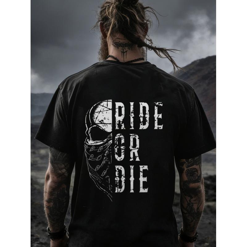 Black T Shirt Ride Or Die Skull And Bandana Print for Outdoor Adventure And Biker Lifestyle, PLUS SIZE