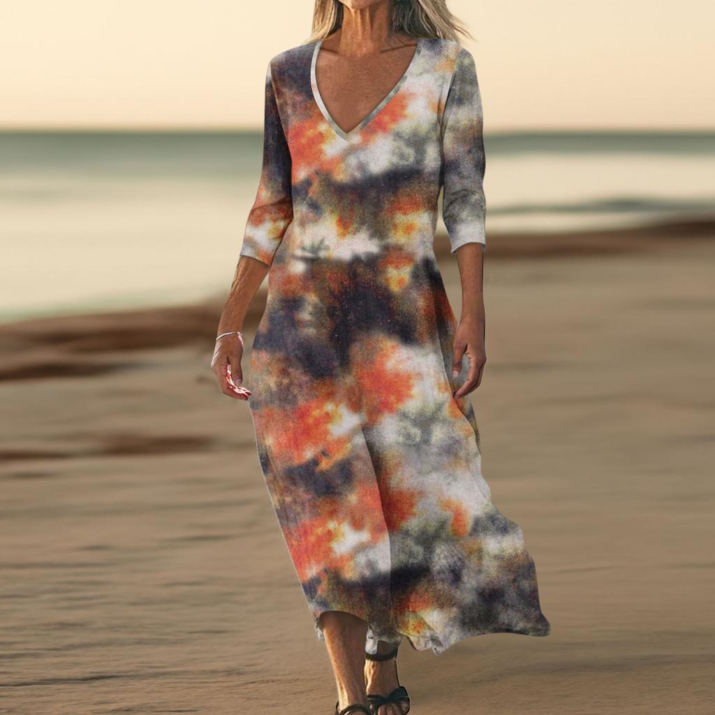 Платья для женщин Винтажный принт Туника с завышенной талией Миди-платье Летнее повседневное Платье с рукавом 3/4