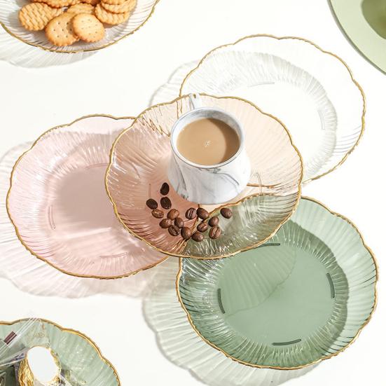 Прозрачная фруктовая тарелка с золотым краем, штабелируемая тарелка для закусок, небьющаяся круглая тарелка для салата, десерта, обеденная тарелка, принадлежности для столовой