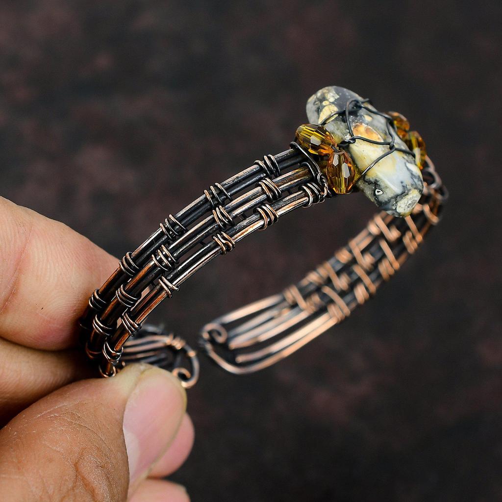 Браслет-манжета из яшмы Малигано, браслет с бусинами цитрина, браслет из медной проволоки, обернутый камнем, регулируемый браслет, браслет ручной работы, обернутый проволокой