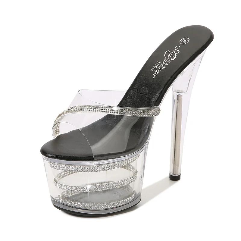 Модные женские шлепанцы на платформе, клубные сексуальные туфли на высоком каблуке, стриптизерские сандалии со стразами, уличная обувь, роскошные шлепки, прозрачные каблуки из ПВХ
