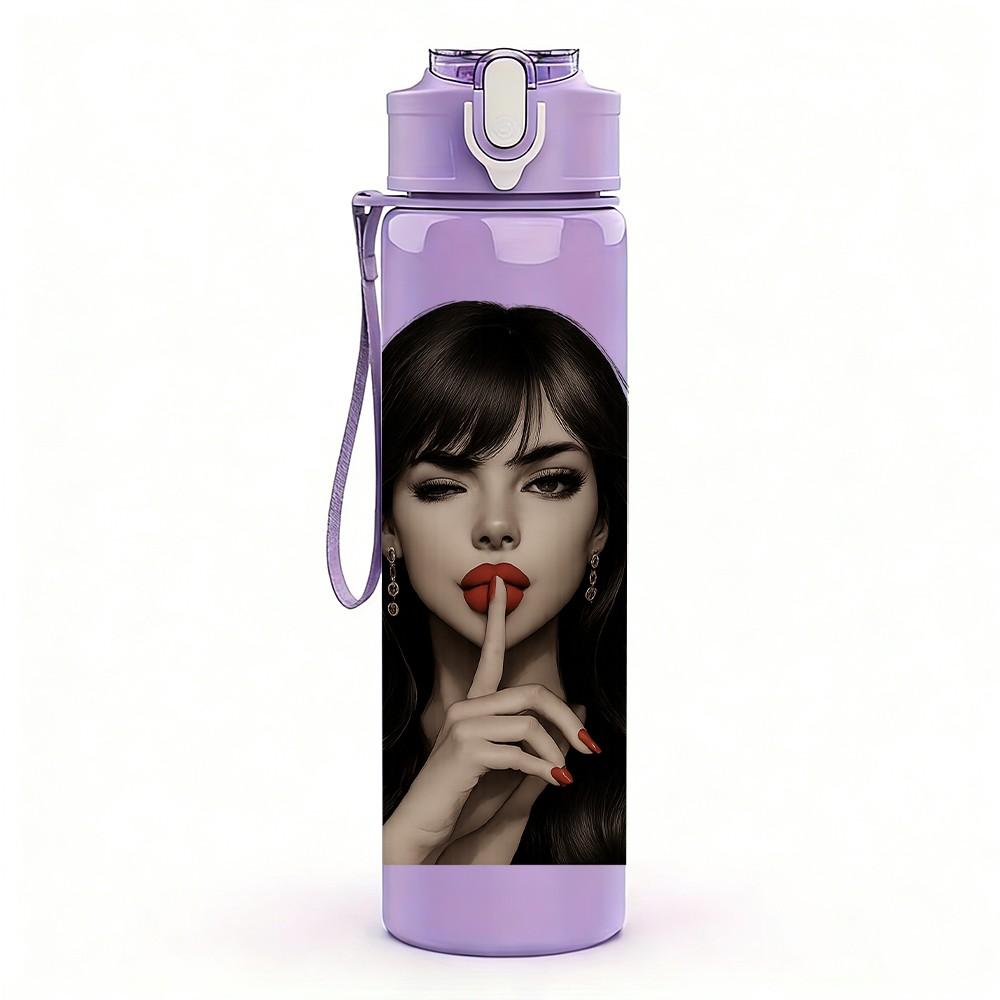 1PC Dark Haired Lady Quiet Portrait 750ml Color Plastic Sports Water Bottle Leakproof Flip Straw Lid For Sports Office Home Use
