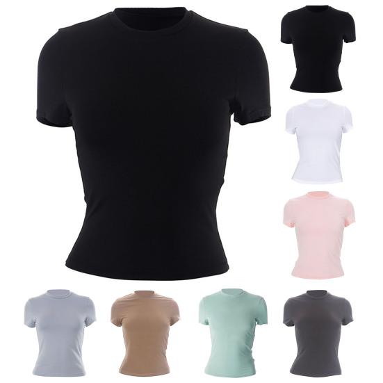 Women Tee Shirt Round Neck Short Sleeve Pullover Tops Slim Fit Solid Color T-shirt Streetwear