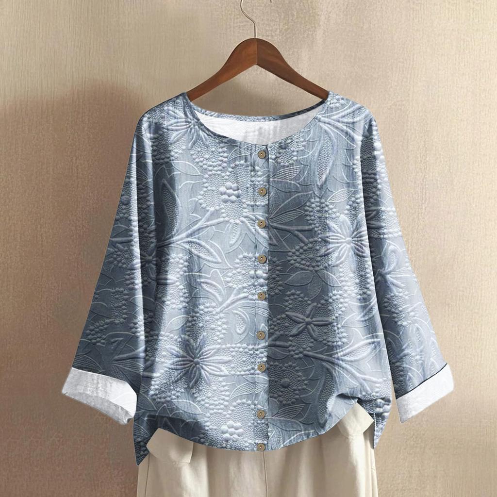 Женская модная и повседневная рубашка с длинным рукавом, круглым вырезом и принтом, блузка-топ из хлопка и льна