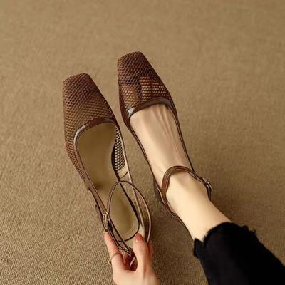 Модные сандалии Женские туфли на высоком каблуке Новые Остроносые Вязаные Дышащая сетка 2025 Лето