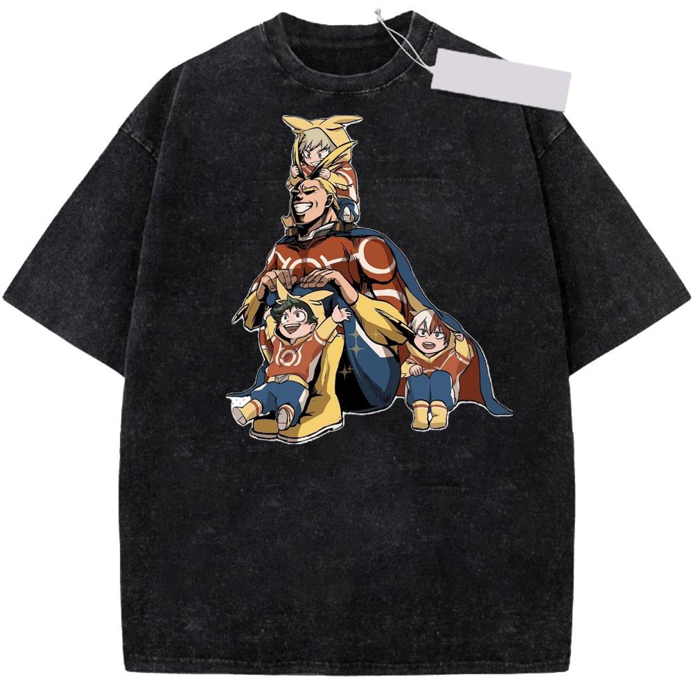 Summer My Hero Academia All Might Deku Washed Shirts Oversize Tshirts Men Women Tees Short Sleeve Cotton Washed Tshirt